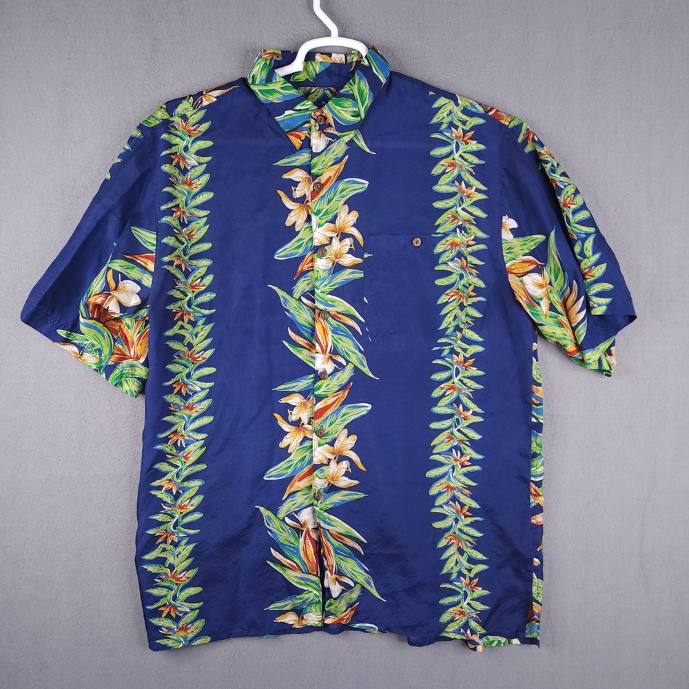 Silk Traders Hawaii Mens Silk Aloha Shirt‎ Blue Floral Stripe SS Vintage XL